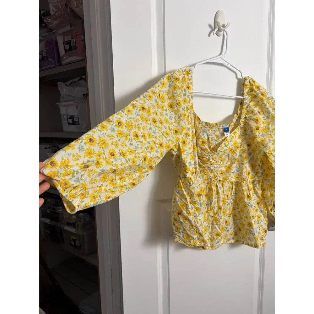 Old Navy Sunflower Peplum Smocked Square Neck Blouse Peasant Puff Long Sleeve XL